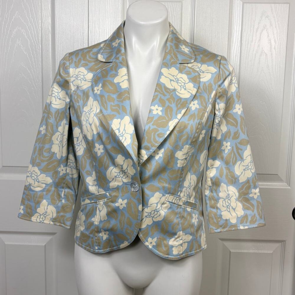 Caslon Women's Blue and White Floral Blazer Size PM Cotton Blend